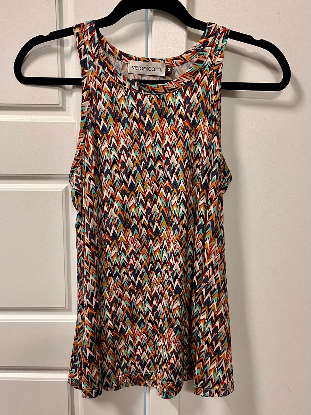 Veronica M. Chevron Print Sleeveless Tank in Teal, Orange, Black & White